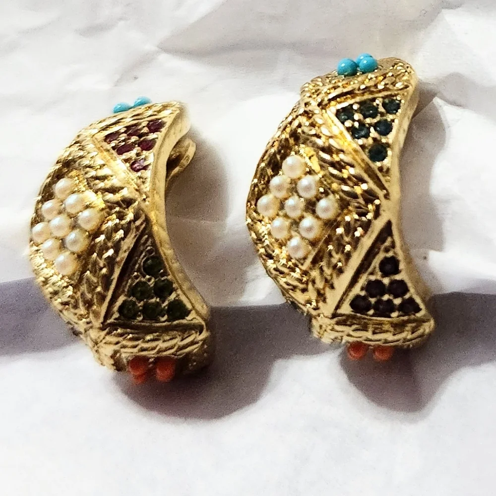 Vtg 1980s D'Orlan Bijoux Gold Plated Beaded Clip Hoop Earrings Buried Treasure? - Picture 1 of 4